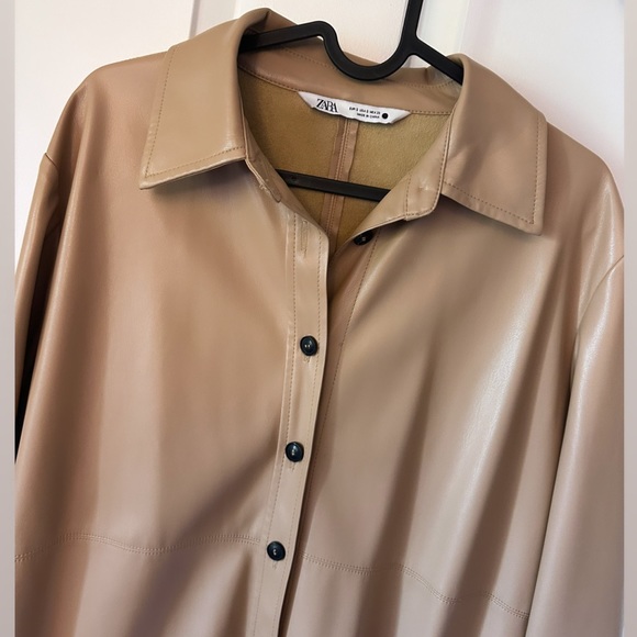 LIKE NEW ZARA Beige Brown Tan Faux Leather Shirt Dress Coat Buttoned Jacket - Picture 8 of 8
